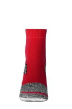 A pair of sport sneaker socks featuring a red upper and grey patterned ankle section. The socks have a logo.