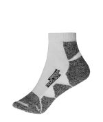 A pair of sport sneaker socks featuring a white and grey design with a logo on the side.