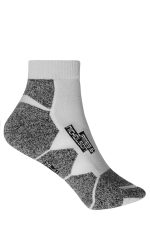 Sport sneaker socks in white and grey with a textured design and branding. Suitable for athletic wear.
