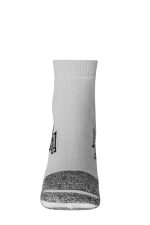 A pair of white sport sneaker socks featuring grey grips on the soles and a logo on the side.