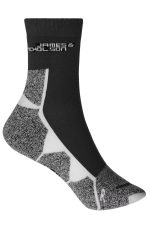 Sport socks featuring a black design with grey accents and a logo on the upper section.