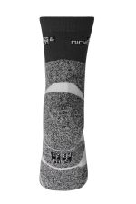 A pair of grey sports socks featuring a branding logo at the cuff and a textured design throughout.