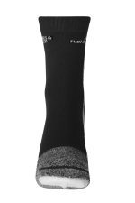 Black sports socks with a grey toe and heel, featuring a logo on the upper part.