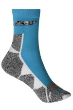 Sport socks featuring a blue, grey, and white design with a logo at the top.