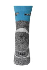 Sport socks in grey and blue, featuring a logo on the cuff and a textured design for comfort.