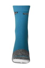 A pair of blue sports socks with grey accents and a logo at the top.