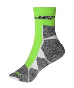 Bright green sports sock with grey detailing and a logo at the top. Designed for athletic use.