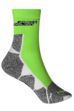 Sport socks in vibrant green and grey, featuring a textured pattern and a logo on the cuff.