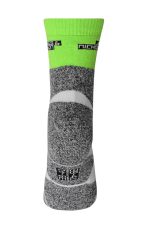 Sport socks featuring a grey body with vibrant green accents and a logo. Ideal for active wear.