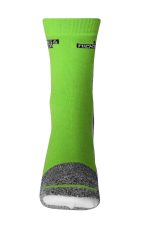 A pair of bright green sport socks featuring a grey toe and heel, with a logo on the upper section.