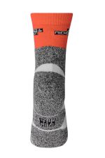 Sport socks in grey with orange accents, featuring a logo. Ideal for sports uniforms.
