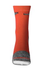 Orange sports socks with grey detailing and a logo on the top. Suitable for athletic wear.