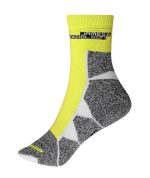 A pair of sport socks featuring bright yellow and grey design, with a branded logo on the upper.
