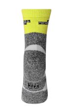 A pair of grey and yellow sports socks with a logo, showcasing a sleek design for athletic use.