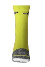 Bright yellow sports sock with grey accents and a logo on the upper part. Suitable for sports uniforms.