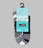 Sport socks in grey with black and white accents, packaged with a hanger and a logo. Unisex sizing 35-38.