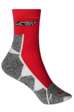 Sport socks in red, grey, and white featuring a logo, designed for athletic use.