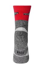 A pair of sports socks featuring a red top and grey patterned body, with a logo displayed.