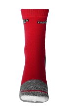 Red sports socks with grey accents and a logo at the top. Suitable for athletic wear.