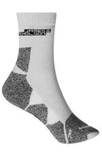 Sport socks in white with grey accents, featuring a logo at the top. Designed for sports and active wear.