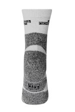 Sport socks in white and grey featuring a textured design and branding. Ideal for athletic wear.