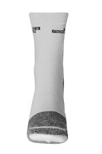 A pair of white sports socks featuring grey accents and a logo on the upper section.