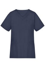 A navy tunic with a V-neck, short sleeves, and a pocket, featuring two front pockets and a logo.