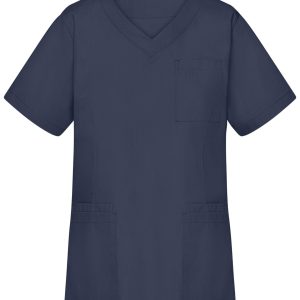 A navy tunic with a V-neck, short sleeves, and a pocket, featuring two front pockets and a logo.