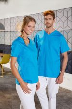 A blue unisex tunic is worn by a man and woman, featuring short sleeves and a v-neck design.
