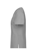 A grey tunic with short sleeves, featuring a pocket and a simple design, displayed from the side.