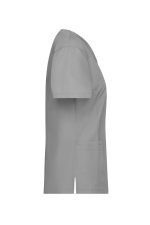 A grey tunic with short sleeves and a pocket on the side. Features a simple design with a logo.