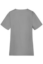 A grey tunic with short sleeves and a simple design, featuring a logo on the back.
