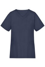 A navy blue tunic with a V-neck design, featuring a pocket and two side pockets. It has short sleeves and a simple style.