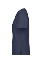 A navy blue tunic with short sleeves and pockets, featuring a logo on the chest.