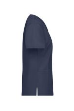 A navy blue tunic with short sleeves and side slits, featuring a pocket and a logo.