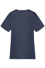 A navy blue ladies' tunic with short sleeves and a simple design. The back view is displayed, featuring a plain surface.