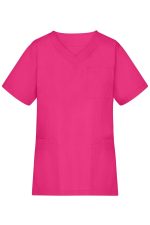 A pink tunic featuring short sleeves and a v-neckline, with a front pocket and side pockets. It has a logo.