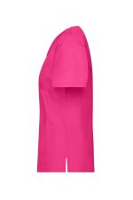 A pink tunic uniform featuring short sleeves and a side view, with pockets and a logo.