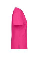 A pink tunic uniform with short sleeves and side slits, featuring a pocket. Also has a logo.