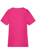A pink tunic with short sleeves and a plain back, featuring a logo.