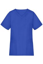 A blue tunic with a V-neck and short sleeves, featuring a chest pocket and two side pockets, with a logo.