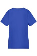 A blue tunic with short sleeves, featuring a simple design and a branding logo on the back.