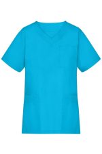 A blue tunic featuring a v-neck, short sleeves, and a chest pocket. It has a logo on it.