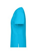 A tunic in vibrant turquoise with short sleeves and pockets, featuring a logo on the side.