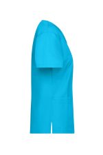 A turquoise tunic with short sleeves and a side pocket, suitable for uniforms. It features a logo on the chest.