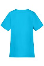 A turquoise ladies tunic with short sleeves, featuring a logo on the back.
