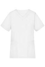 A white women's tunic with short sleeves and a V-neck, featuring one chest pocket and two side pockets.