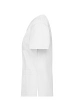 A white tunic with short sleeves and pockets, featuring branding on the fabric.