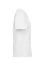 A white tunic with short sleeves and a side pocket, featuring a branding logo.
