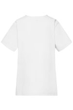 A plain white tunic with short sleeves, featuring a back view design and a logo on the upper back.
